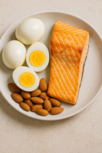 A plate of biotin-rich foods like eggs, almonds, and salmon.