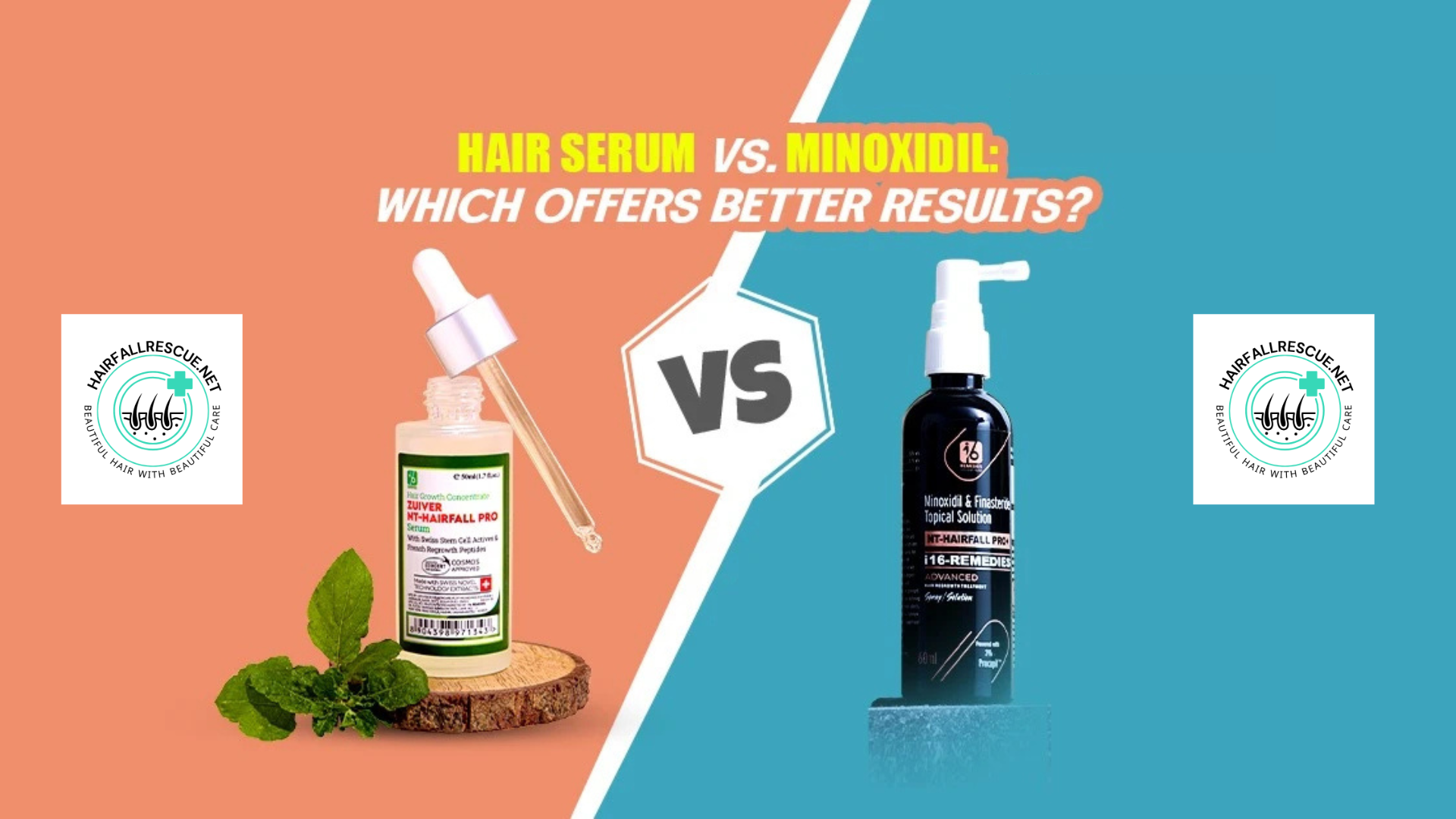 Minoxidil 5% foam bottle next to premium hair growth serum for hair loss treatment comparison